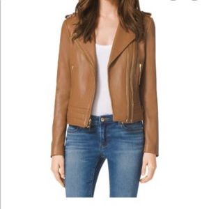 Michael Kors tan leather bomber jacket